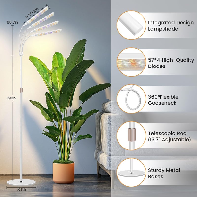 Kullsinss Grow Lights for Indoor Plants, 4-Head Full Specturm Plant Grow Light with 4/8/12/16H Timer, 3 Color Modes, 5 Brightness, 24-68.7in Height Adjustable Floor Growing Lamp for Tall Large Plants - Image 2